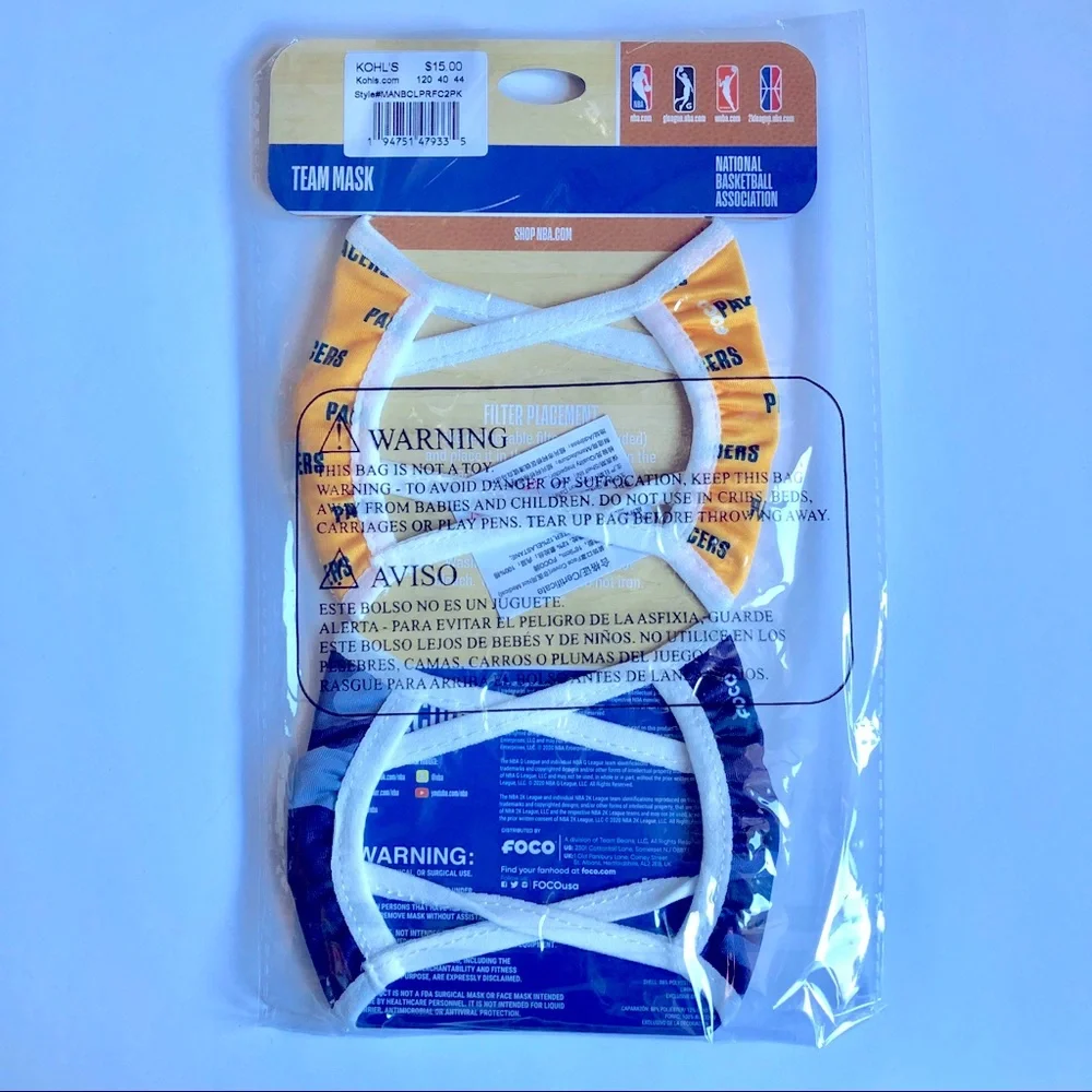 NEW PACERS NBA Team Mask UNISEX Adult, Set of 2 Face Masks Yellow Blue